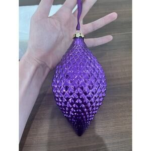 Elongated Wide Finial Glass Christmas Ornament Purple Large Textured New